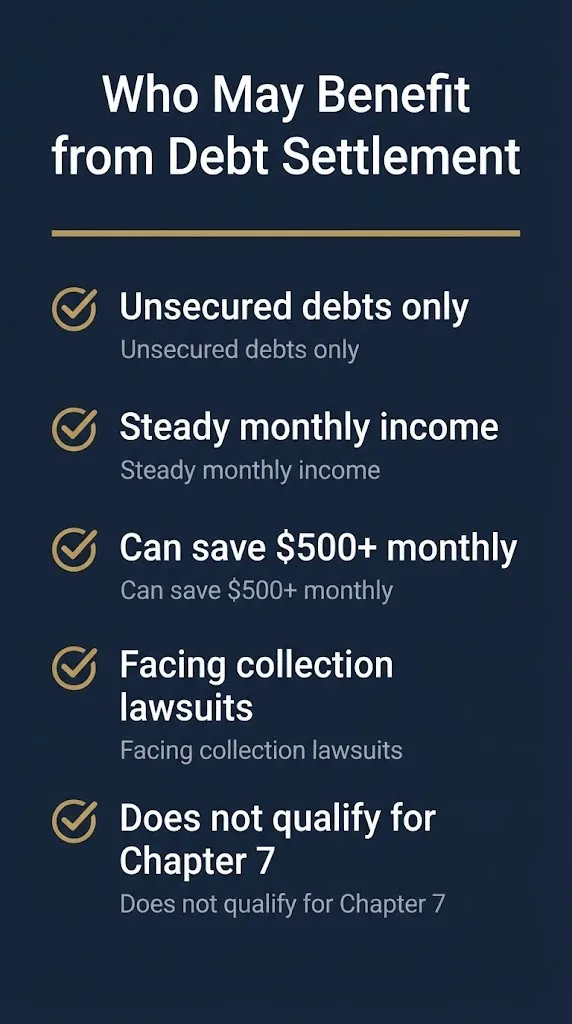 Debt settlement eligibility checklist showing who may benefit from settlement programs.