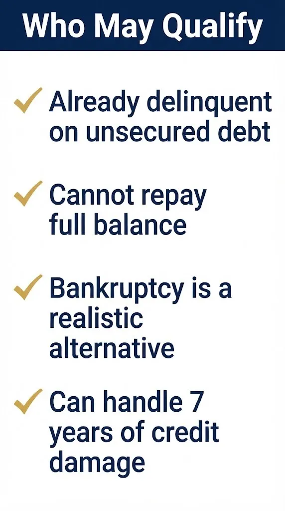 Debt settlement eligibility checklist showing who may qualify for this debt relief option.
