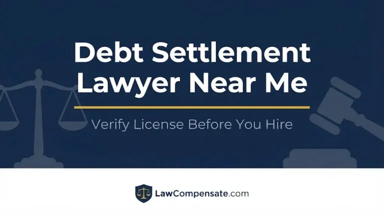 Debt settlement lawyer near me hero banner with gavel and scales icons