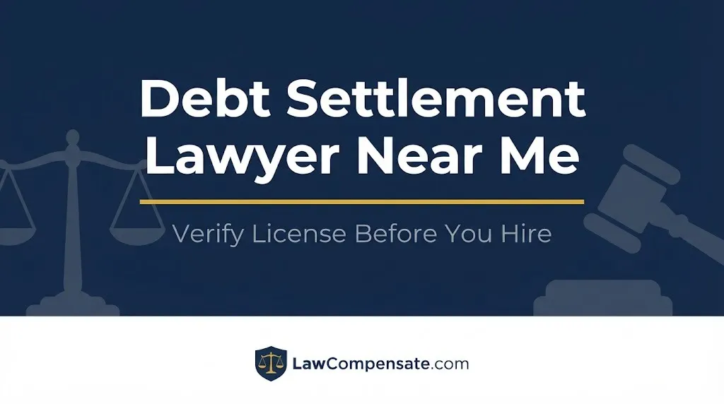 Debt settlement lawyer near me hero banner with gavel and scales icons