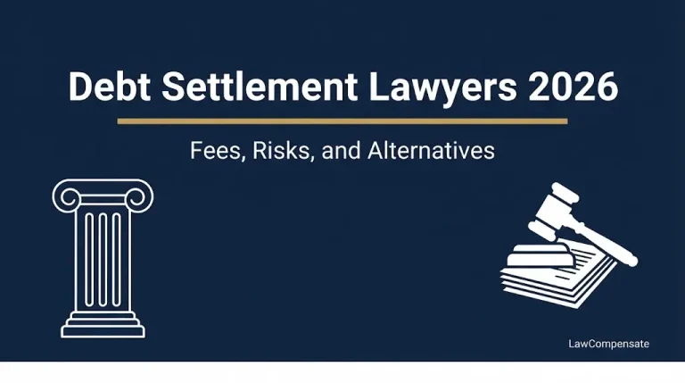 Debt settlement lawyers 2026 banner showing fees, risks, and alternatives with courthouse and gavel icons.