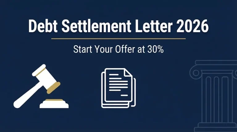 Debt settlement letter 2026 infographic banner with gavel and 30 percent starting offer guidance