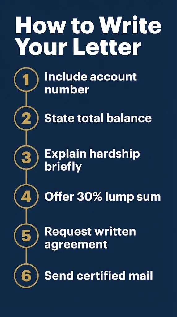 Debt settlement letter steps graphic showing six steps to write and send a settlement offer