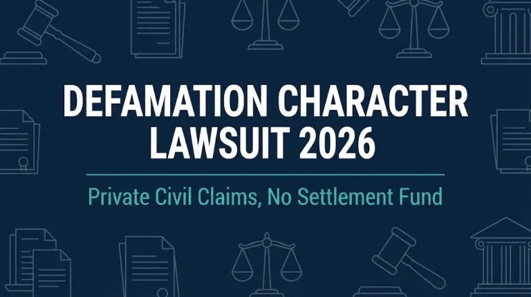 Defamation character lawsuit 2026 hero banner with gavel and scales symbols.