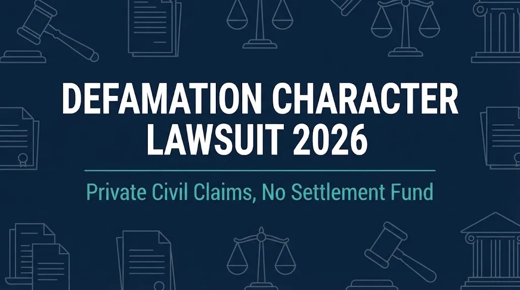 Defamation character lawsuit 2026 hero banner with gavel and scales symbols.