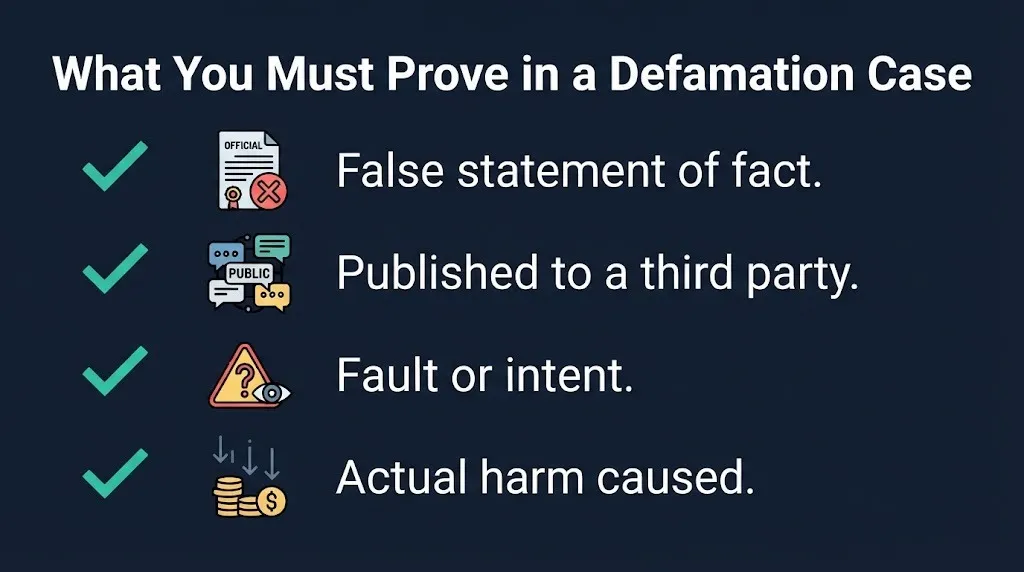 Defamation lawsuit proof checklist showing false statement, publication, fault, and harm.