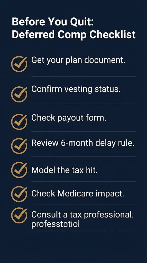 Deferred compensation checklist for quitting with vesting and tax planning steps.