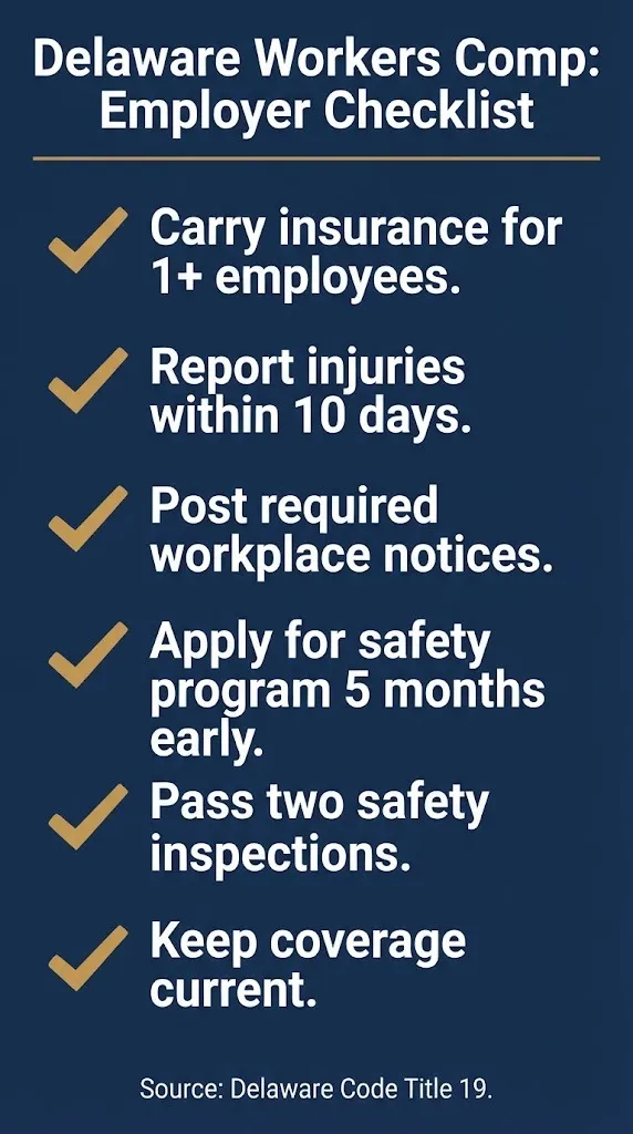 Delaware workers compensation employer checklist showing insurance and reporting requirements.