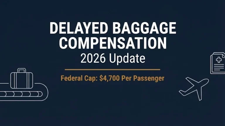 Delta delayed baggage compensation banner showing the federal cap of $4,700 per passenger for 2026.