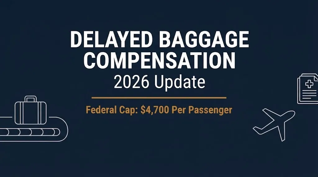 Delta delayed baggage compensation banner showing the federal cap of $4,700 per passenger for 2026.