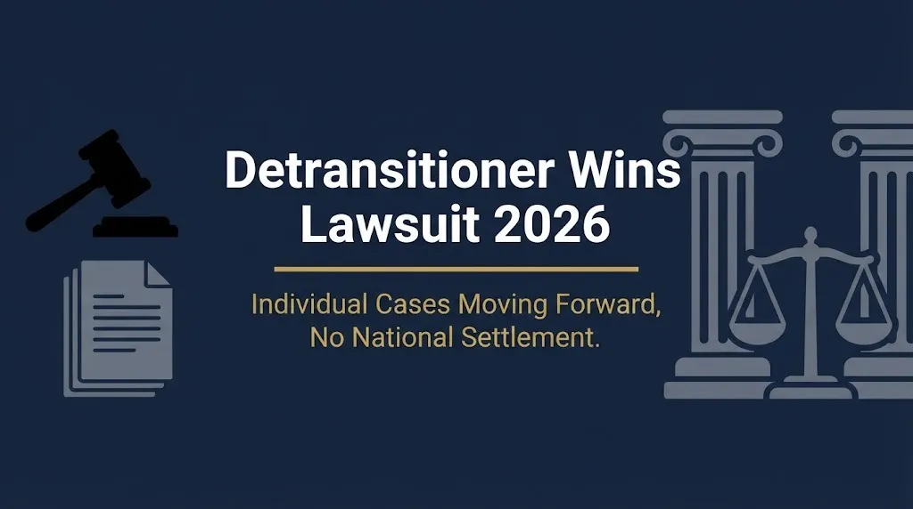 Detransitioner Wins Lawsuit 2026 banner showing gavel and courthouse with status line about no national settlement.
