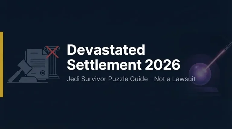 Devastated Settlement 2026 banner clarifying it is a Jedi Survivor puzzle area, not a lawsuit.