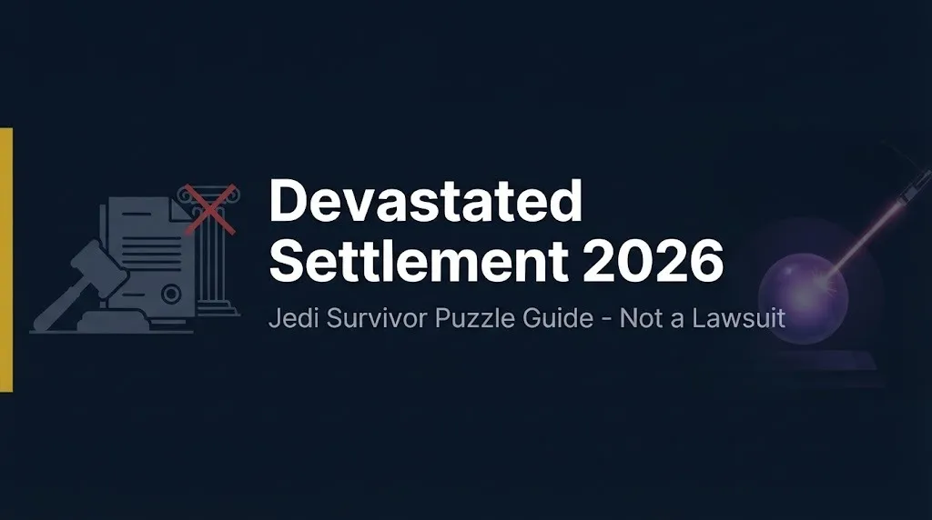 Devastated Settlement 2026 banner clarifying it is a Jedi Survivor puzzle area, not a lawsuit.