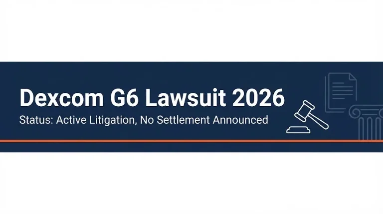 Dexcom G6 lawsuit 2026 status banner with gavel and courthouse outline graphics, no settlement announced.