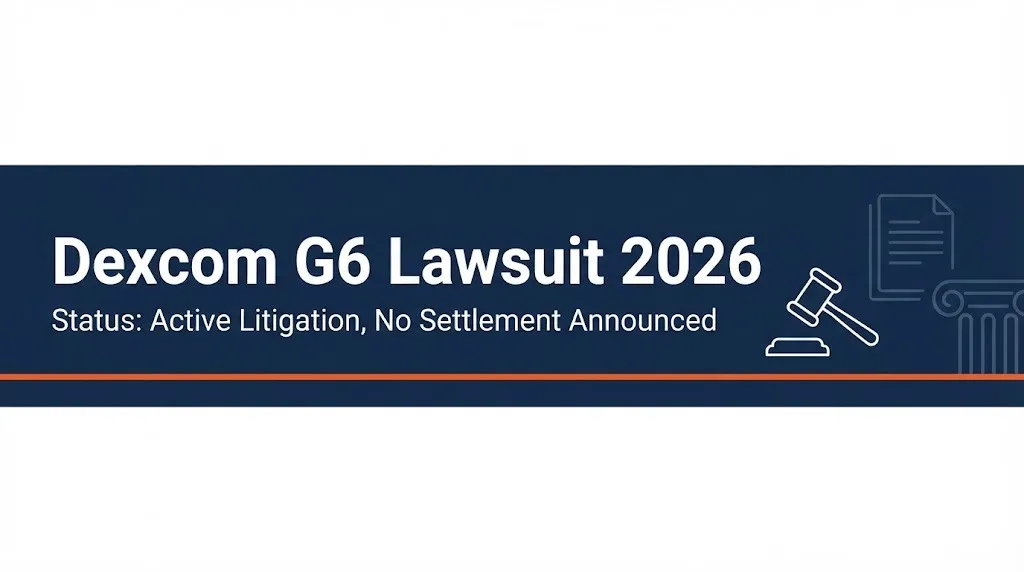 Dexcom G6 lawsuit 2026 status banner with gavel and courthouse outline graphics, no settlement announced.