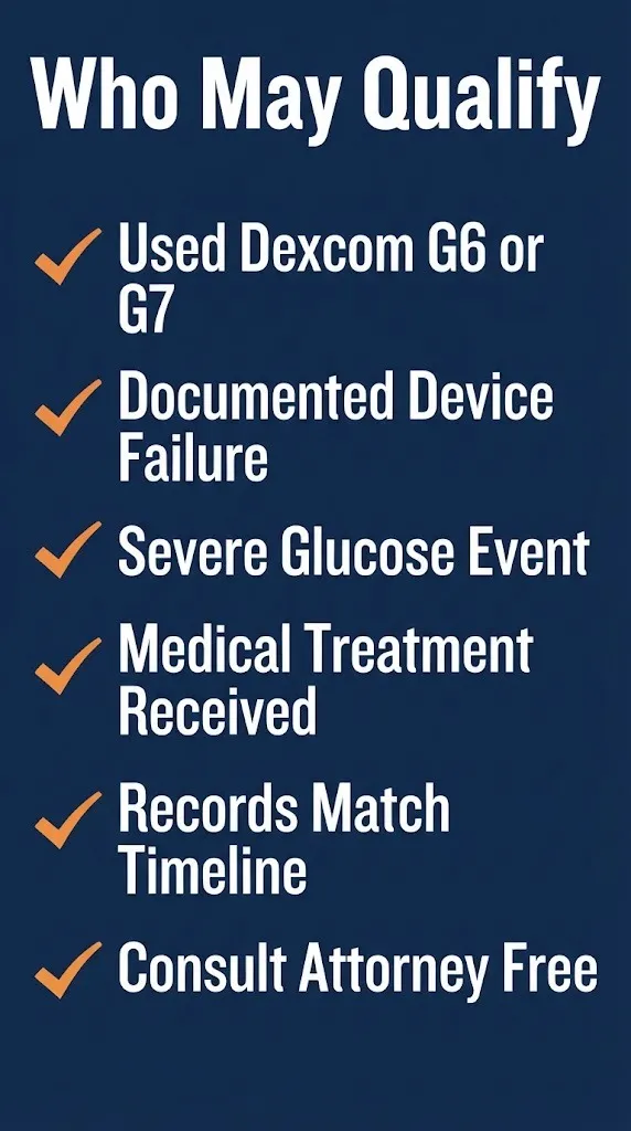 Dexcom G6 lawsuit eligibility checklist graphic showing who may qualify for a claim, with checkmark icons.