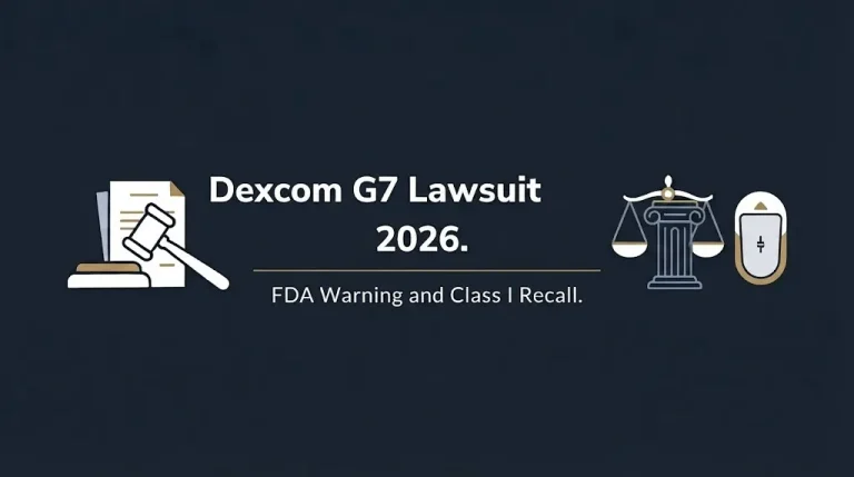 Dexcom G7 lawsuit 2026 hero banner with FDA warning and Class I recall facts on navy background.