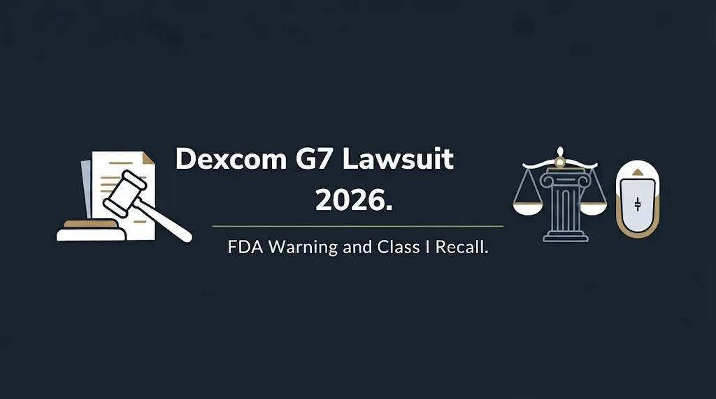 Dexcom G7 lawsuit 2026 hero banner with FDA warning and Class I recall facts on navy background.