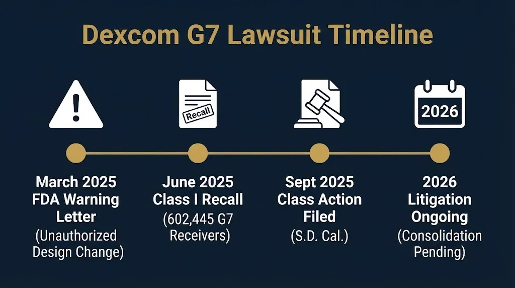 Dexcom G7 lawsuit timeline from 2025 FDA warning and Class I recall to 2026 litigation.