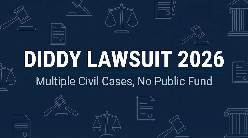 Diddy lawsuit 2026 hero banner showing multiple civil cases with gavel and scales symbols.