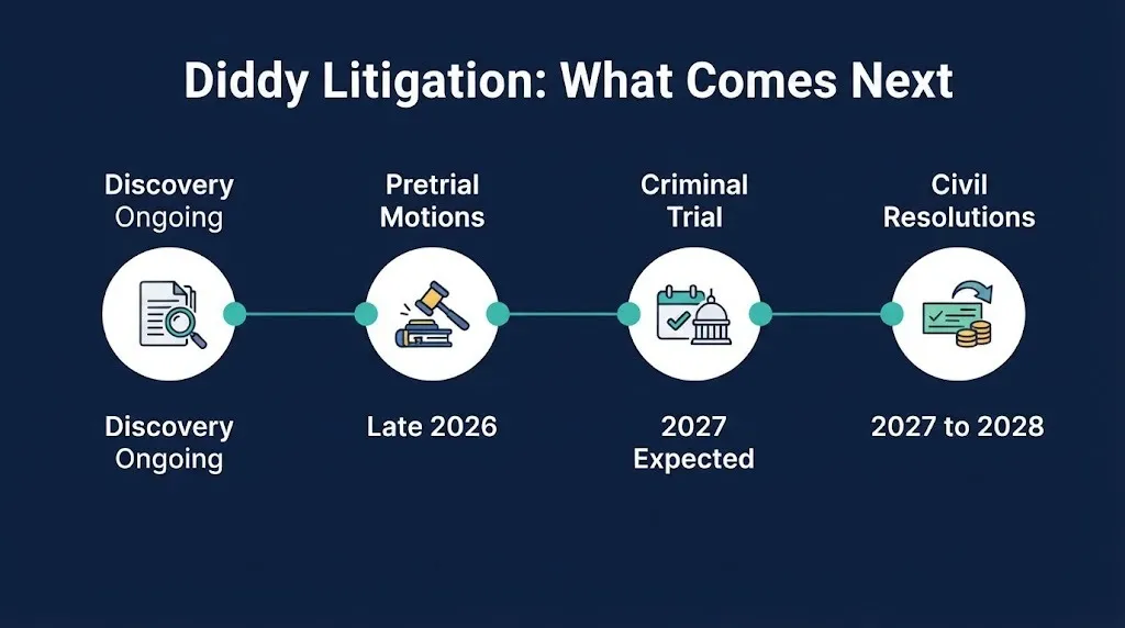 Diddy lawsuit timeline showing discovery, motions, trial, and resolution stages.