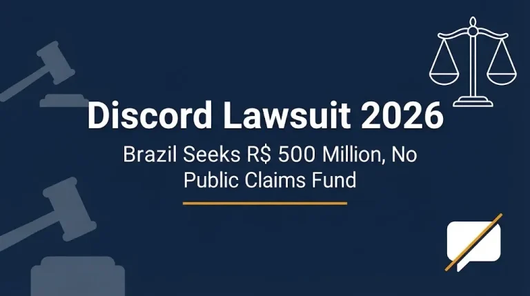 Discord lawsuit 2026 banner showing Brazil's R$ 500 million case and no public claims fund.