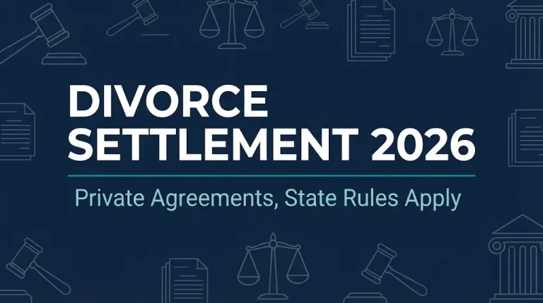 Divorce settlement 2026 hero banner with gavel and scales symbols.