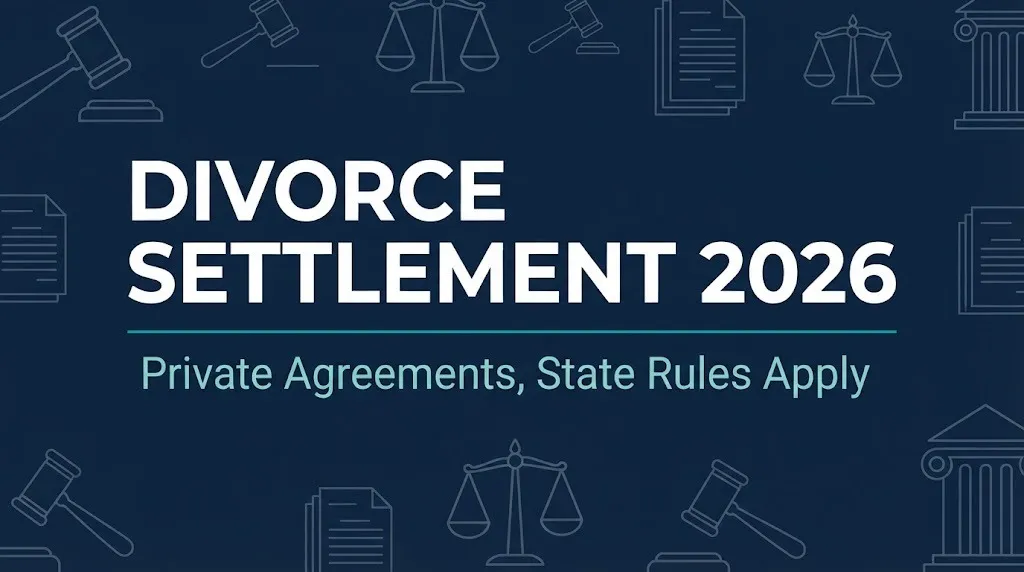 Divorce settlement 2026 hero banner with gavel and scales symbols.