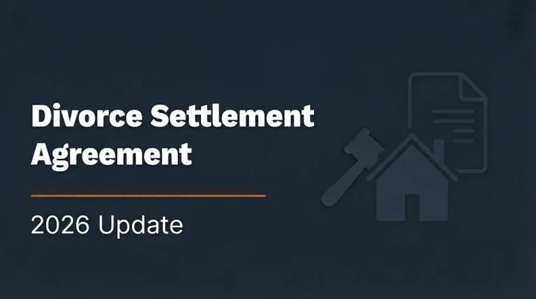 Divorce settlement agreement 2026 banner with gavel and house illustration on navy background