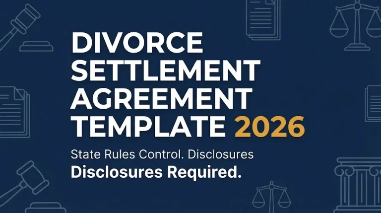 Divorce settlement agreement template 2026 guide showing state rules and mandatory disclosure requirements.