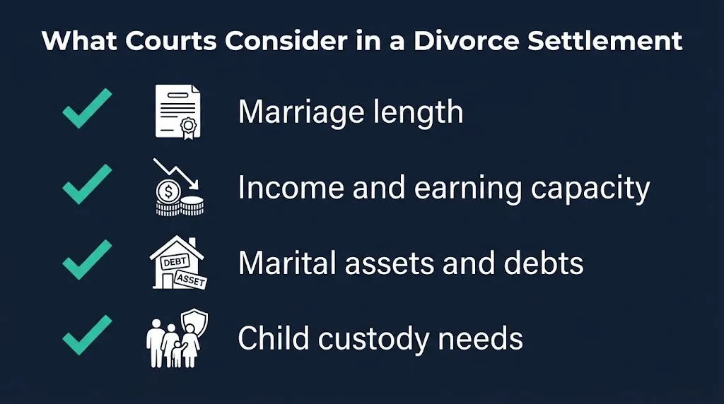 Divorce settlement factors checklist showing marriage length, income, assets, and custody.