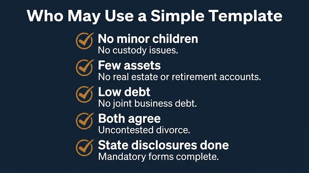 Divorce settlement template eligibility checklist showing simple case criteria and disclosure requirements.