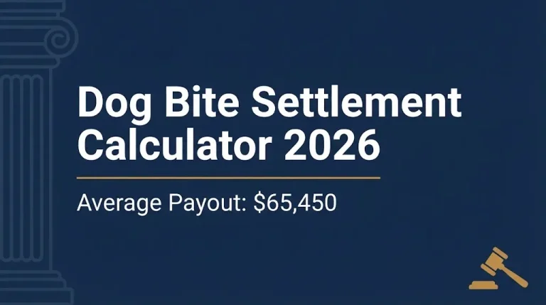 Dog bite settlement calculator 2026 banner with average payout of $65,450 shown in text.