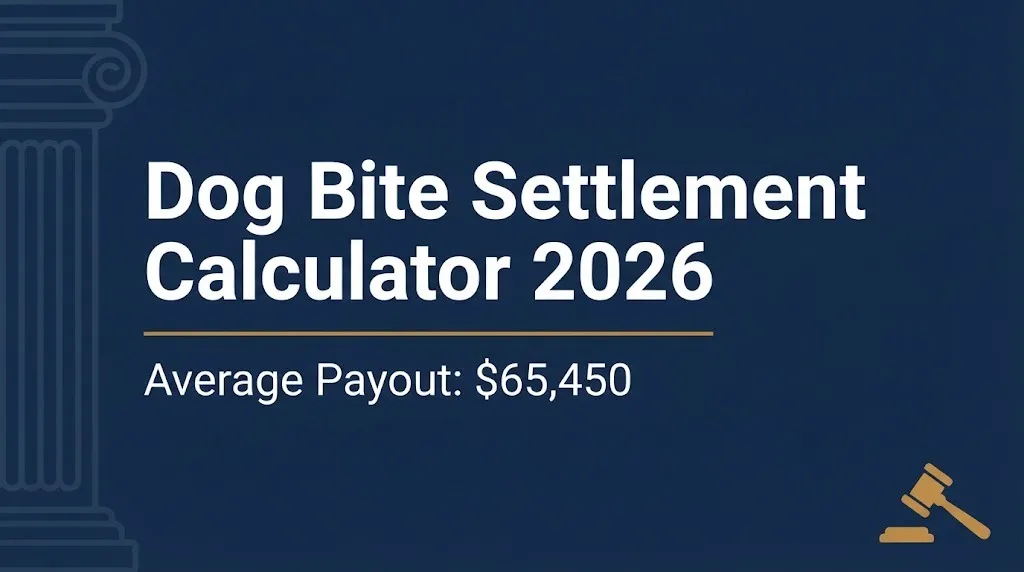 Dog bite settlement calculator 2026 banner with average payout of $65,450 shown in text.