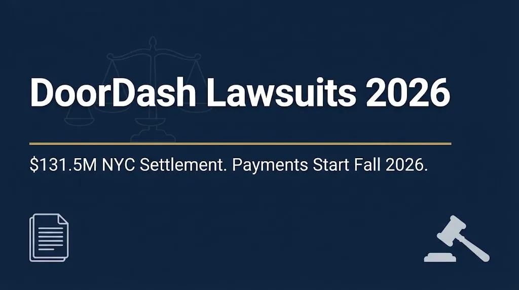 DoorDash lawsuits 2026 hero banner noting $131.5M NYC settlement with payments starting fall 2026.