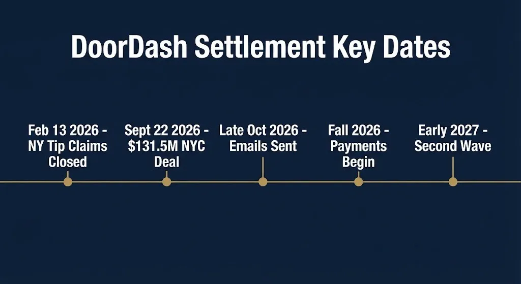 DoorDash settlement timeline graphic showing key 2026 dates from NYC deal through payment waves.
