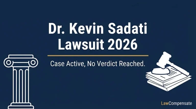 Dr. Kevin Sadati lawsuit 2026 banner showing active case with no verdict reached and legal icons.
