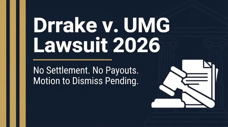 Drake UMG lawsuit 2026 status banner showing no settlement exists and motion to dismiss is pending.