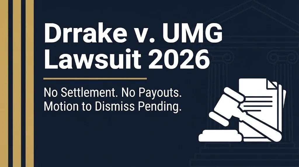 Drake UMG lawsuit 2026 status banner showing no settlement exists and motion to dismiss is pending.