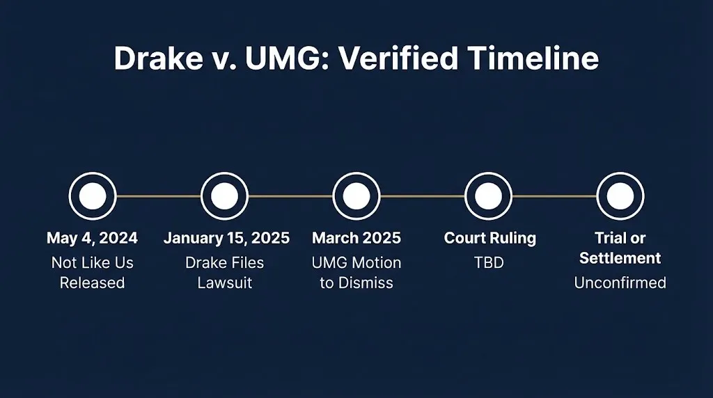 Drake UMG lawsuit verified timeline from song release to pending dismissal ruling in 2026.