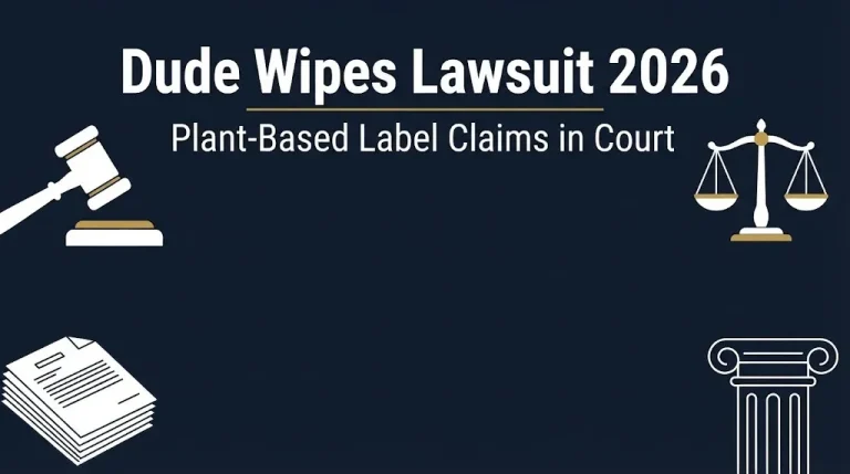 Dude Wipes lawsuit 2026 banner graphic with plant-based labeling claims in federal court.