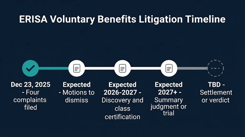 ERISA voluntary benefits litigation timeline showing December 2025 filing to TBD settlement.