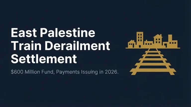 East Palestine train derailment settlement banner showing 600 million dollar fund and 2026 payment status.