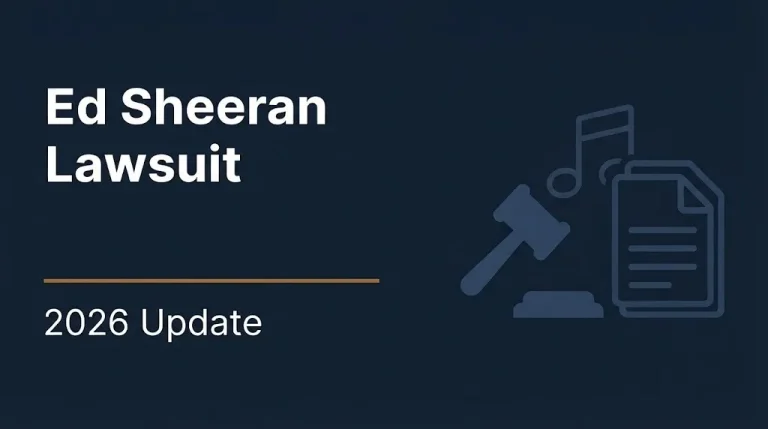 Ed Sheeran Lawsuit 2026 Update banner with gavel and musical note illustration on navy background
