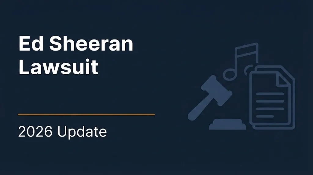 Ed Sheeran Lawsuit 2026 Update banner with gavel and musical note illustration on navy background