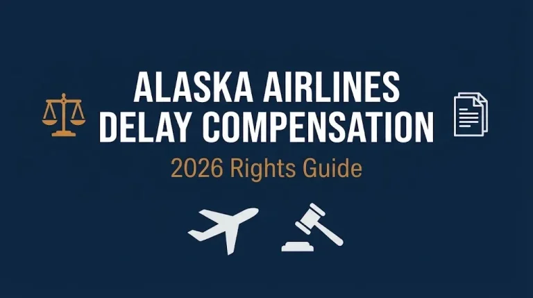 Editorial banner about Alaska Airlines delay compensation rights showing scales of justice and airplane icon.