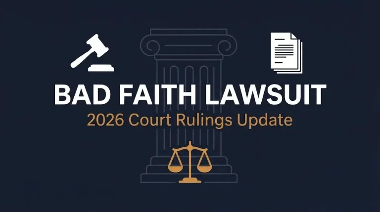 Editorial banner about bad faith lawsuits showing a gavel and scales of justice icon with a 2026 update label.