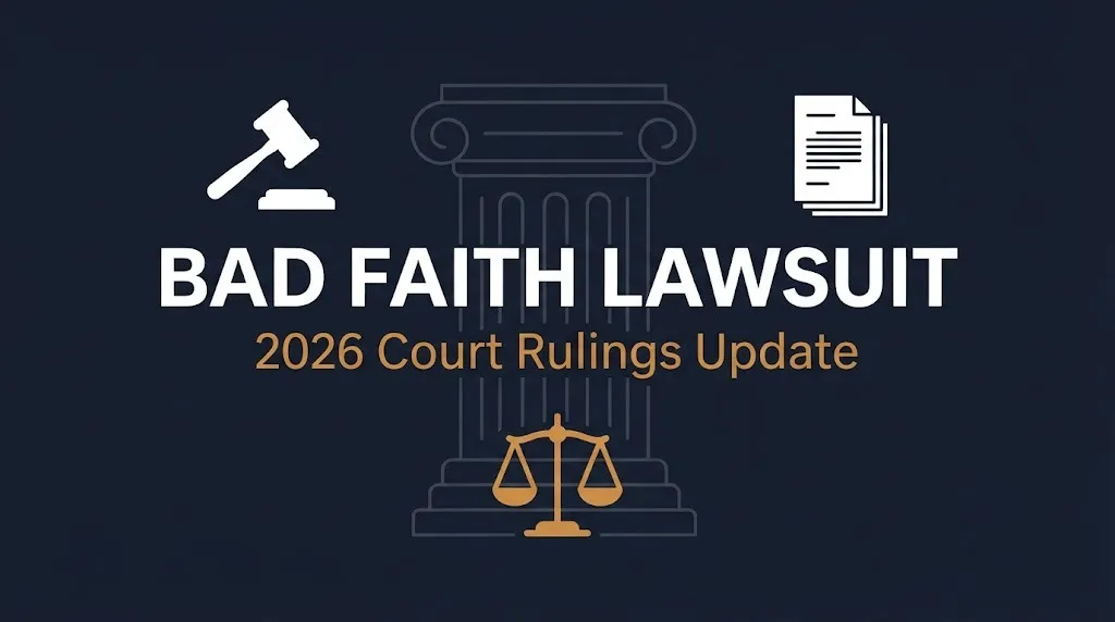 Editorial banner about bad faith lawsuits showing a gavel and scales of justice icon with a 2026 update label.