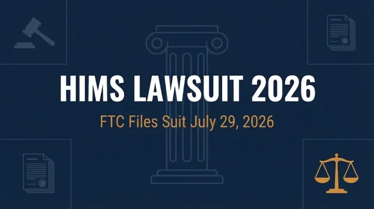 Editorial banner about the 2026 Hims lawsuit showing gavel and scales icons with the FTC filing date.