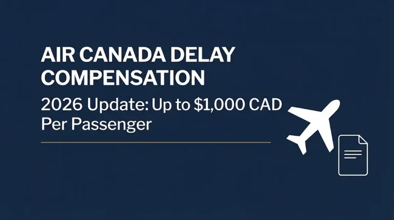 Editorial banner on Air Canada delay compensation showing the 2026 payout range up to $1,000 CAD per passenger.